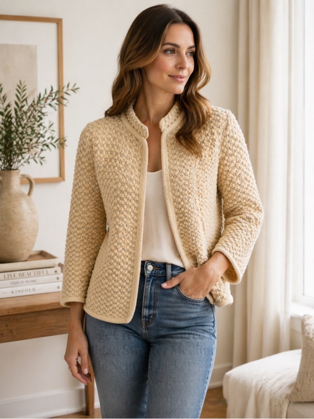 Vintage Cream Textured Knit Cardigan Sweater Medium Classic Neutral Jacket